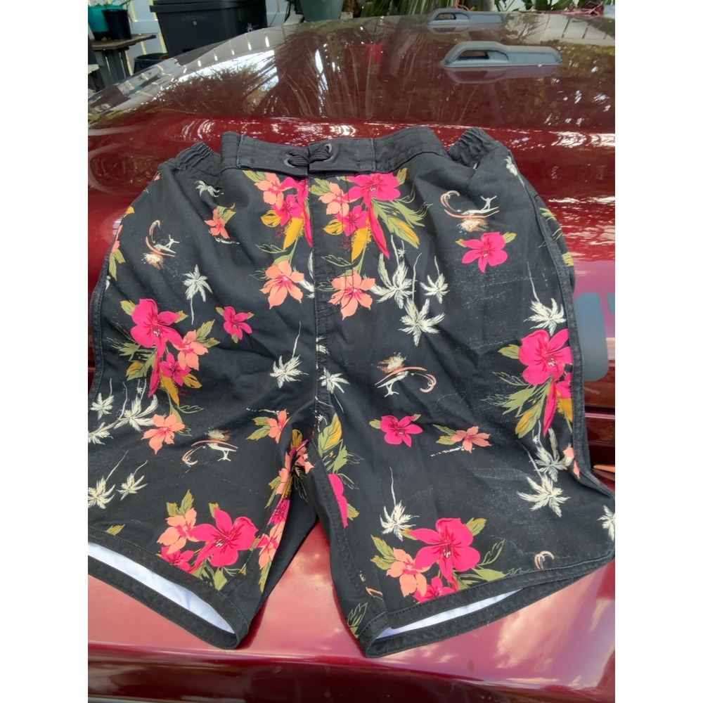 Old Navy Boys XL 14-16 Swim Trunks Black Tropical Floral Palm Tree Board Shorts